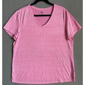 Athletic T Shirt Women Size XL Pink Striped Short Sleeve V Neck Lightweight